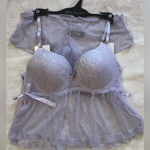 Daisy Fuentes Lavender Lace Bra and Sheer Top push up Cup Cami Doll Set size M